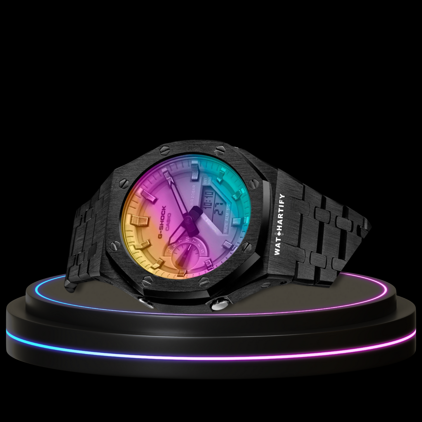 G-SHOCK Casio GA2100 | Black Series Rainbow Surface Dial | Dark Stainless Steel Strap