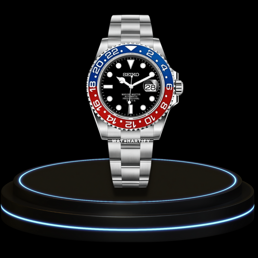 SEIKO Mod GMT Collection Midnight Black Dial Blue Red Bezel NH35 Movement Silver Stainless Steel Strap