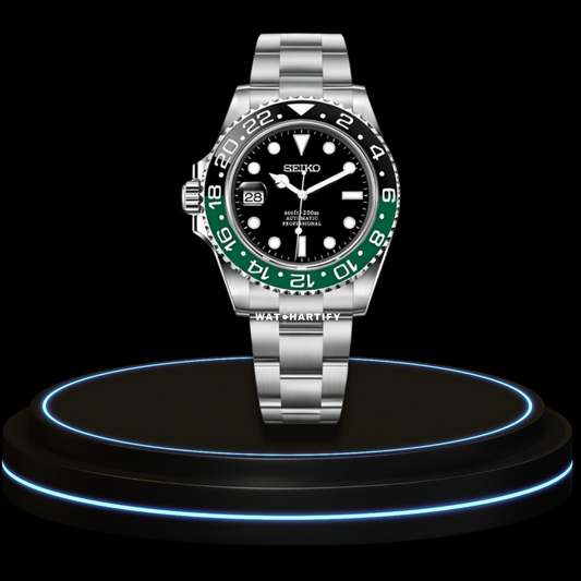 SEIKO Mod Submariner Collection Midnight Black Dial Black Green Bezel NH35 Movement Silver Stainless Steel Strap