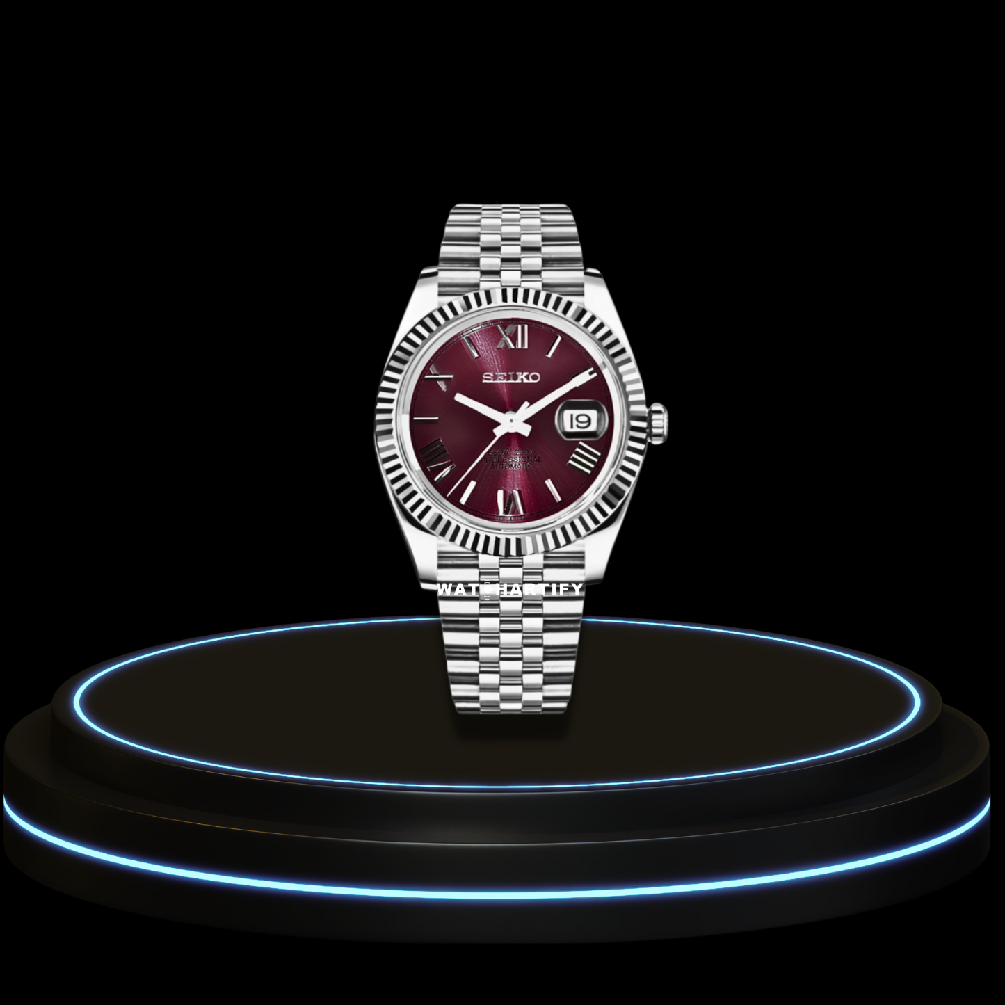 SEIKO Mod Datejust Collection Wine Red Dial NH35 Automatic Movement Silver Stainless Steel Strap