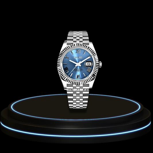 SEIKO Mod Datejust Collection Sea Blue Roman Dial NH35 Automatic Movement Silver Stainless Steel Strap
