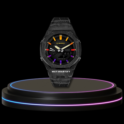 G-SHOCK Casio GA2100 | Black Series Midnight Black Dial Rainbow Marker | Dark Leather