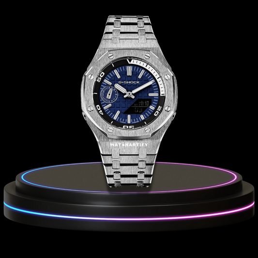 G-SHOCK Casio GA2100 | OFFSHORE Series Silver Mod Blue Snow White Dial | Silver Stainless Steel Strap
