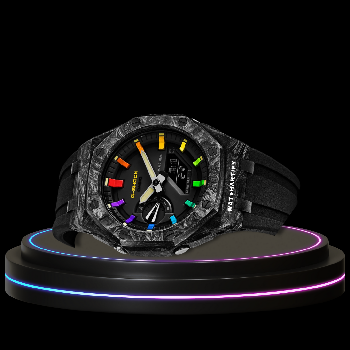 G-SHOCK Casio GA2100 | Carbon Fiber Series Midnight Black Dial Rainbow Marker | Dark Rubber