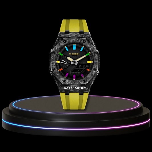 G-SHOCK Casio GA2100 | Carbon Fiber Series Midnight Black Dial Rainbow Marker | Yellow Rubber