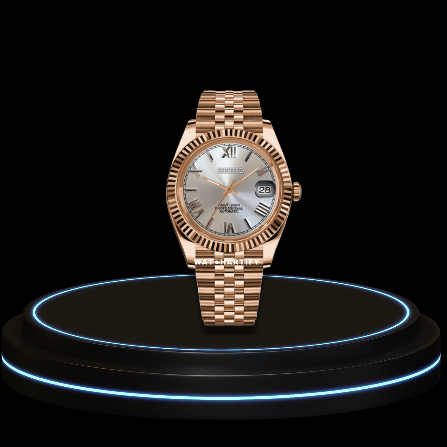 SEIKO Mod Datejust Collection Rose Gold Grey Roman Dial NH35 Automatic Movement Rose Gold Stainless Steel Strap
