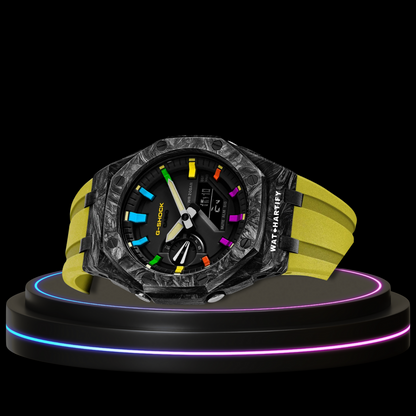 G-SHOCK Casio GA2100 | Carbon Fiber Series Midnight Black Dial Rainbow Marker | Yellow Rubber