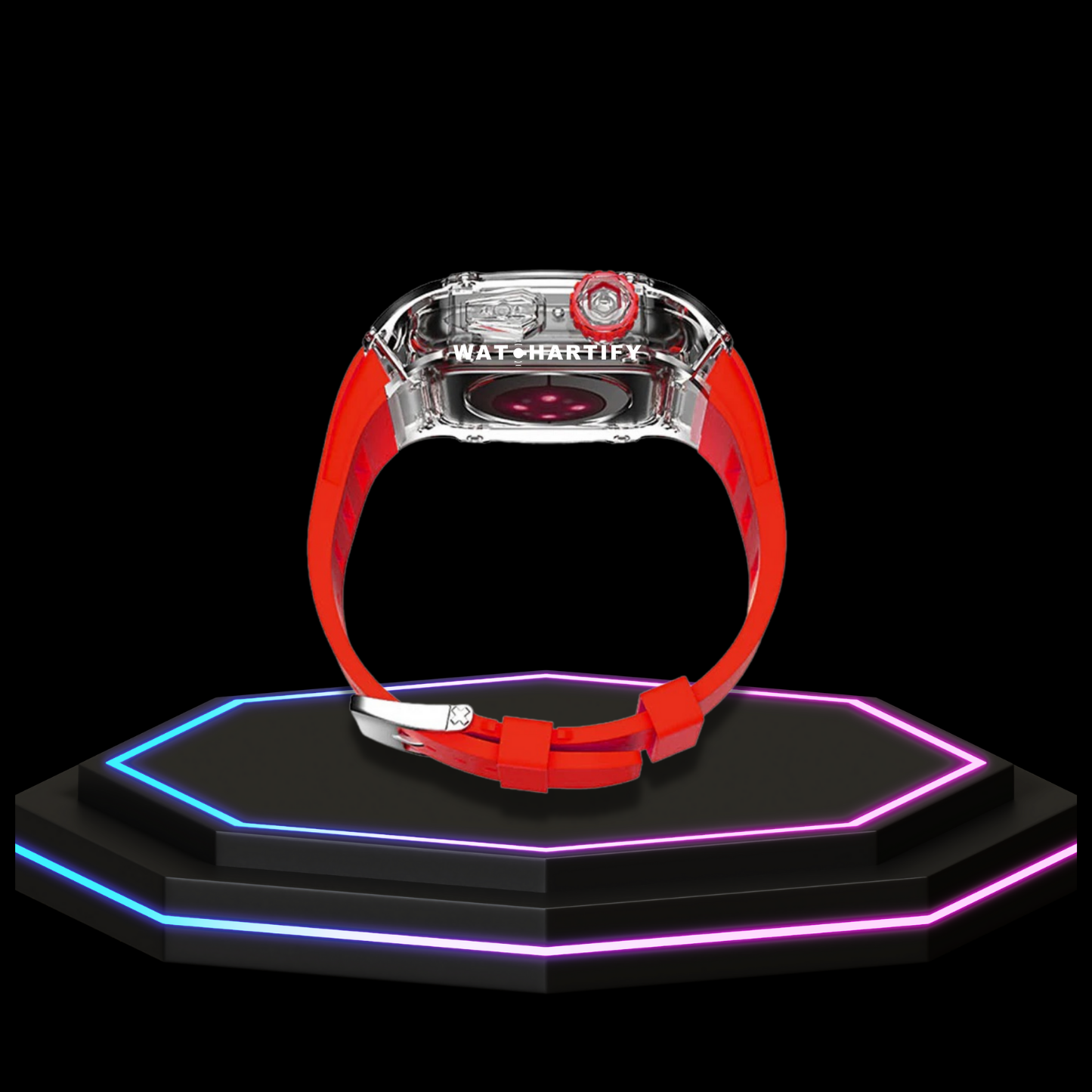Apple Watch Case 44MM - ICE Series Transparent | Fluorescent Sport Red Rubber