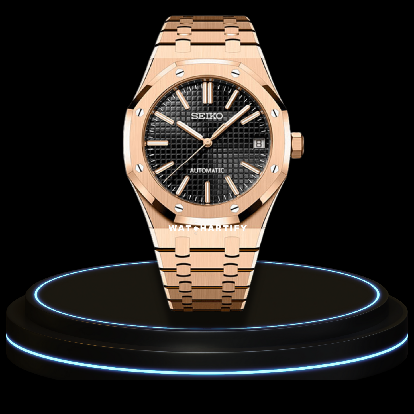 SEIKO Mod Royal Oak Collection Midnight Black Dial NH35 Movement Rose Gold Stainless Steel Strap