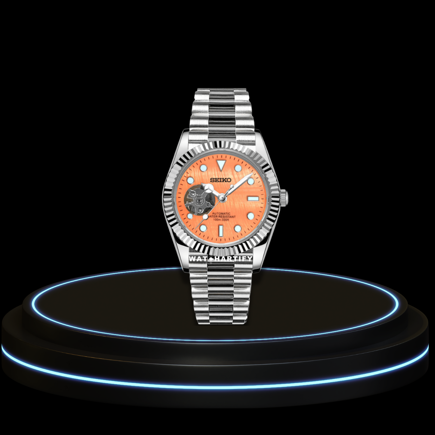 SEIKO Mod Datejust Collection Sunset Orange Dial NH35 Automatic Movement Silver Dark Stainless Steel Strap