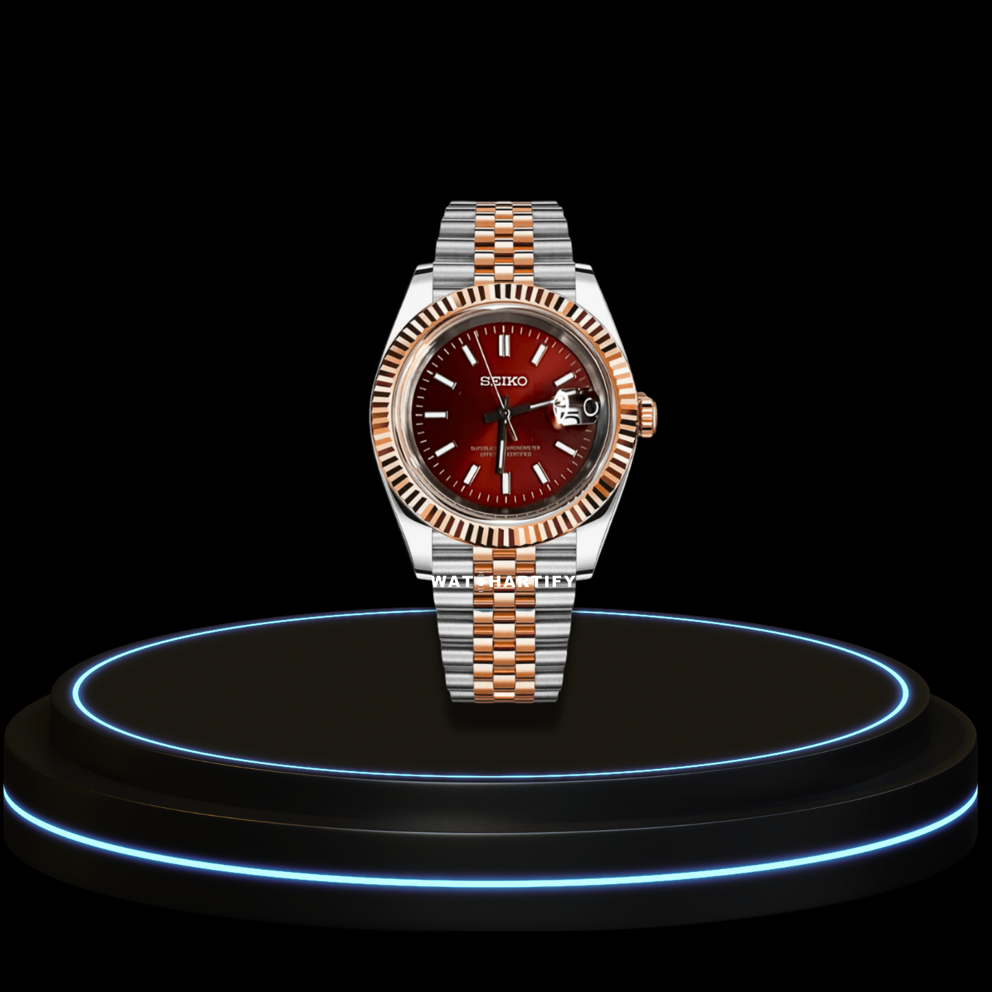 SEIKO Mod Datejust Collection Rose Gold Wine Red Dial NH35 Automatic Movement Rose Gold Silver Stainless Steel Strap