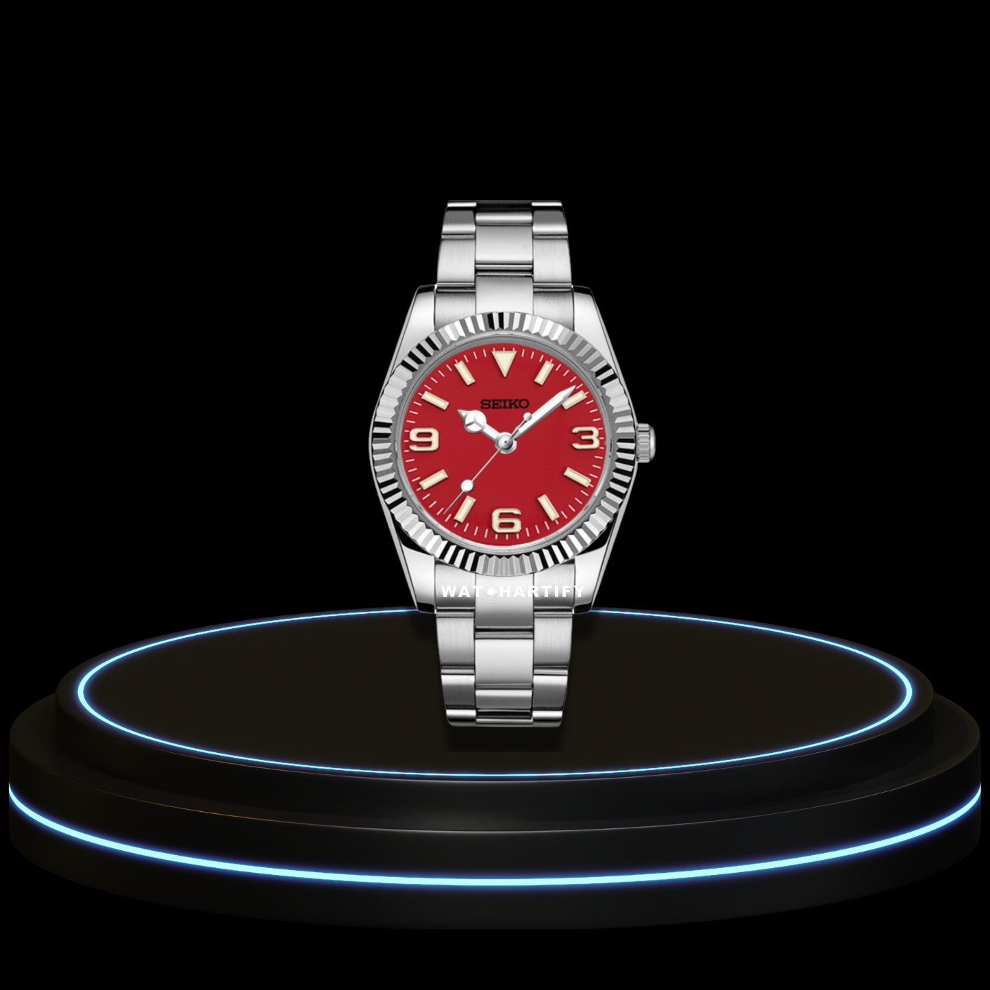 SEIKO Mod Datejust Collection Red Dial NH35 Automatic Movement Silver Stainless Steel Strap