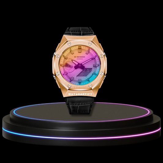 G-SHOCK Casio GA2100 | Sport Rose Gold Series Rainbow Surface Dial | Dark Leather