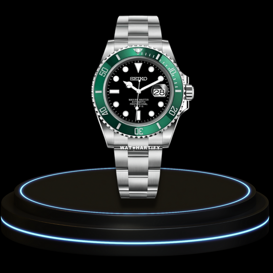 SEIKO Mod Submariner Collection Midnight Black  Dial Green Bezel NH35 Movement Silver Stainless Steel Strap