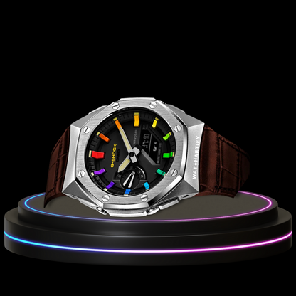 G-SHOCK Casio GA2100 | Sport Silver Series Midnight Black Dial Rainbow Marker | Brown Leather