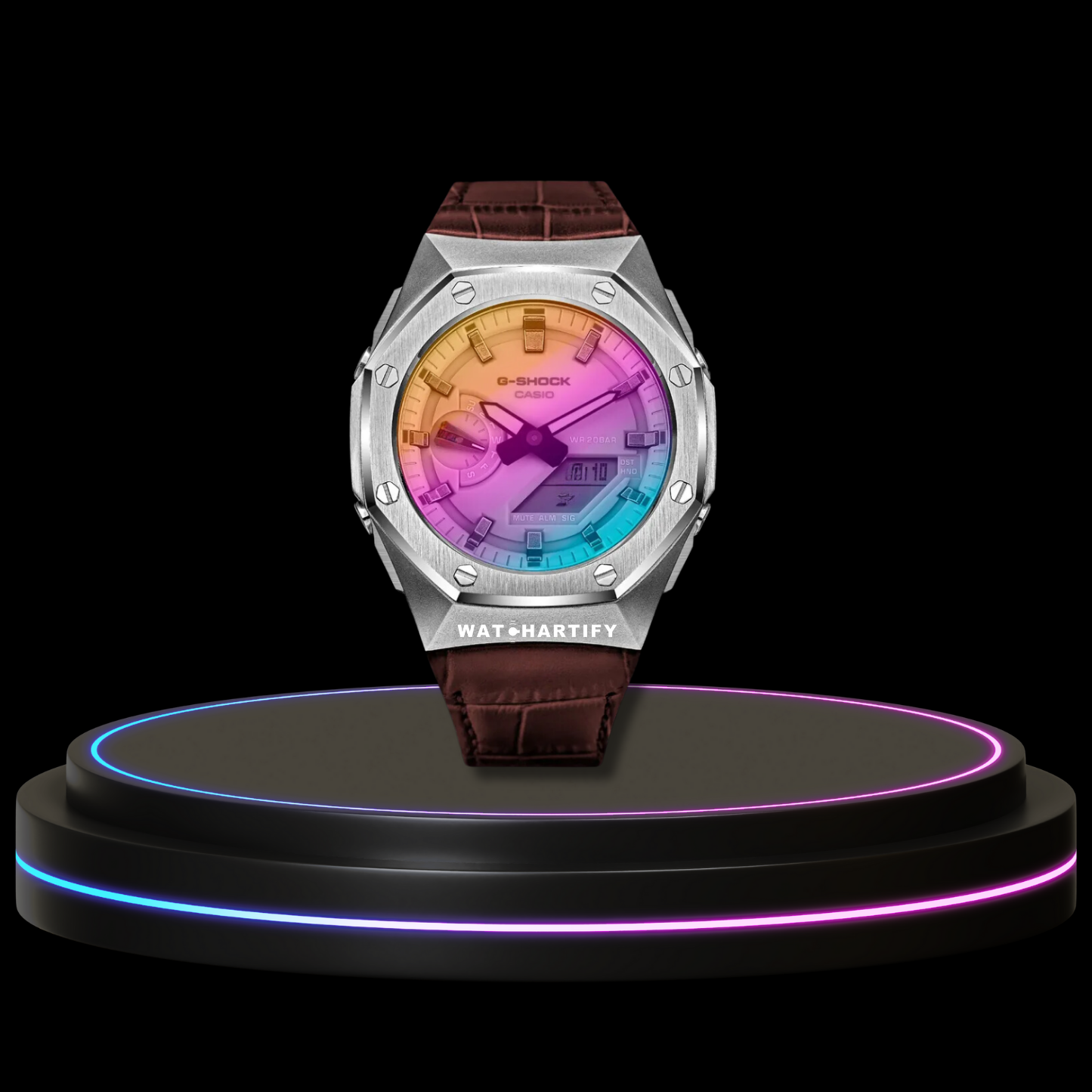 G-SHOCK Casio GA2100 | Sport Silver Series Rainbow Surface Dial | Brown Leather