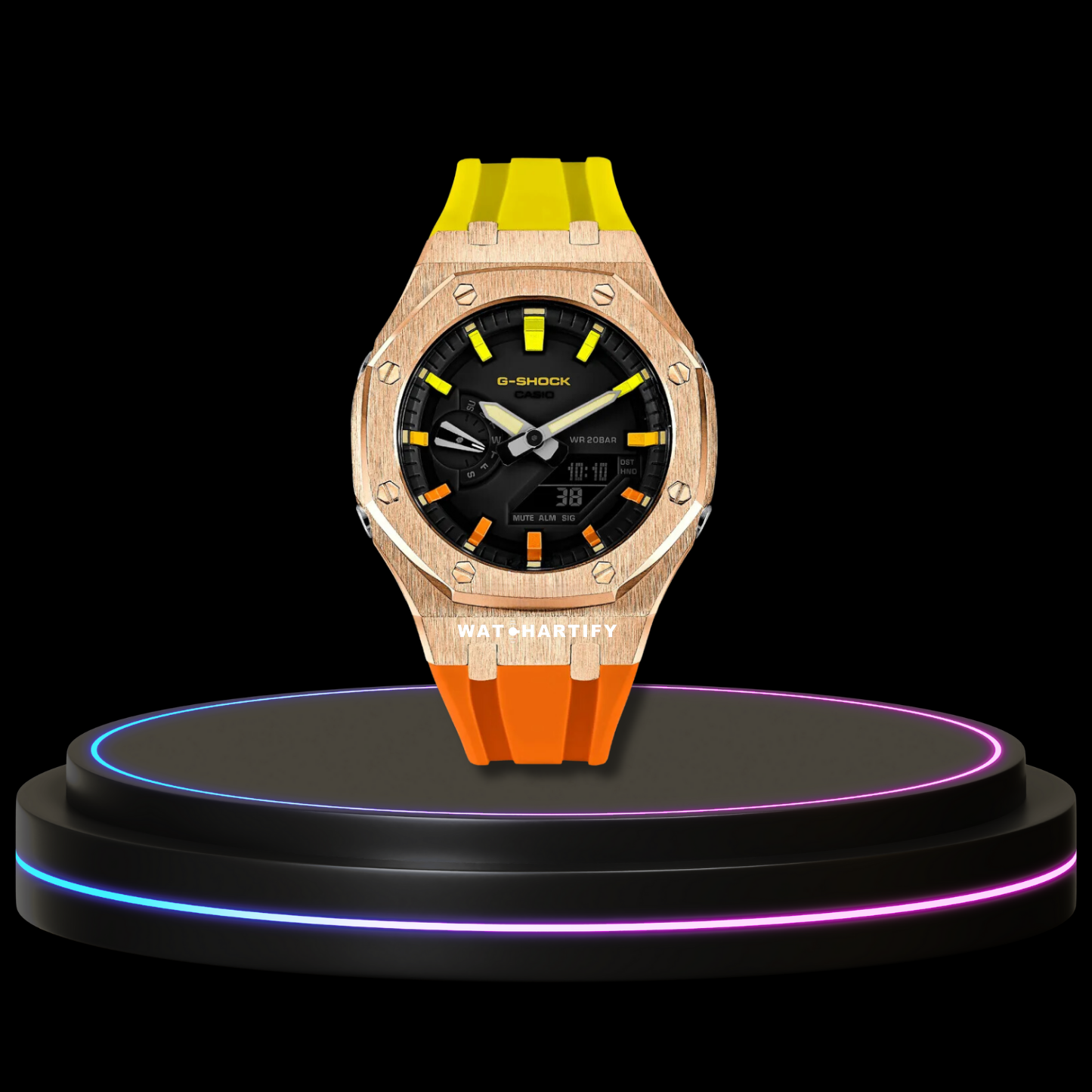 G-SHOCK Casio GA2100 | Rose Gold Series Midnight Black Dial Rainbow Marker | Yellow Orange Rubber