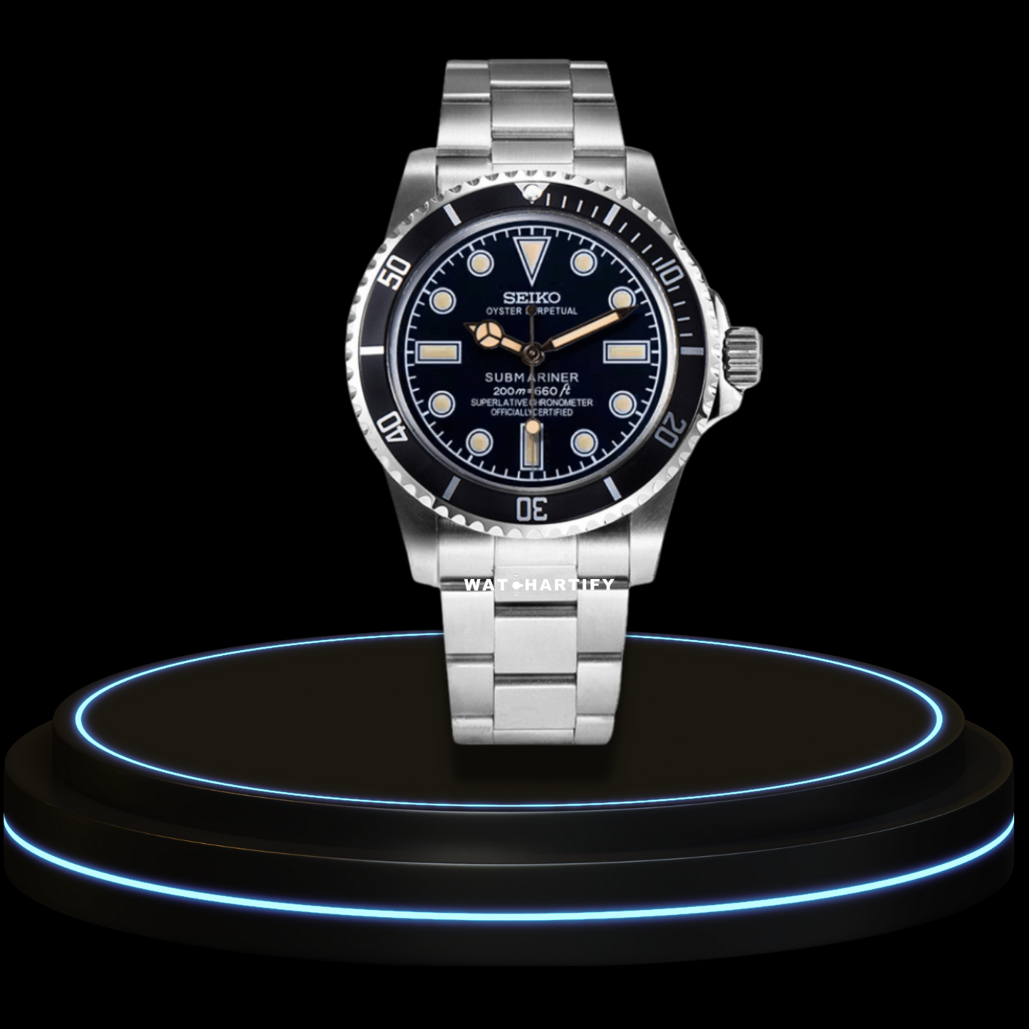 SEIKO Mod Submariner Collection Midnight Black Yellow Dial Dark Bezel NH35 Movement Silver Stainless Steel Strap