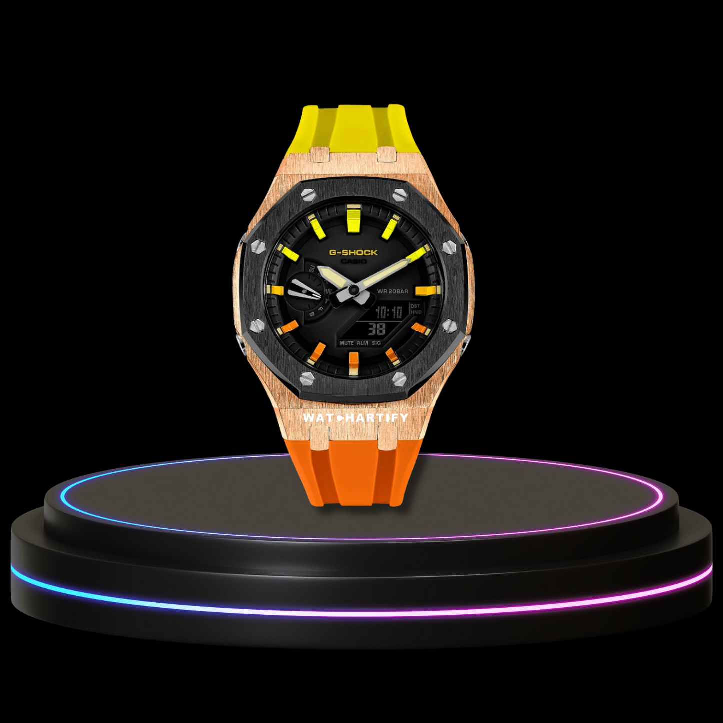 G-SHOCK Casio GA2100 | Rose Gold Dark Series Midnight Black Dial Rainbow Marker | Yellow Orange Rubber