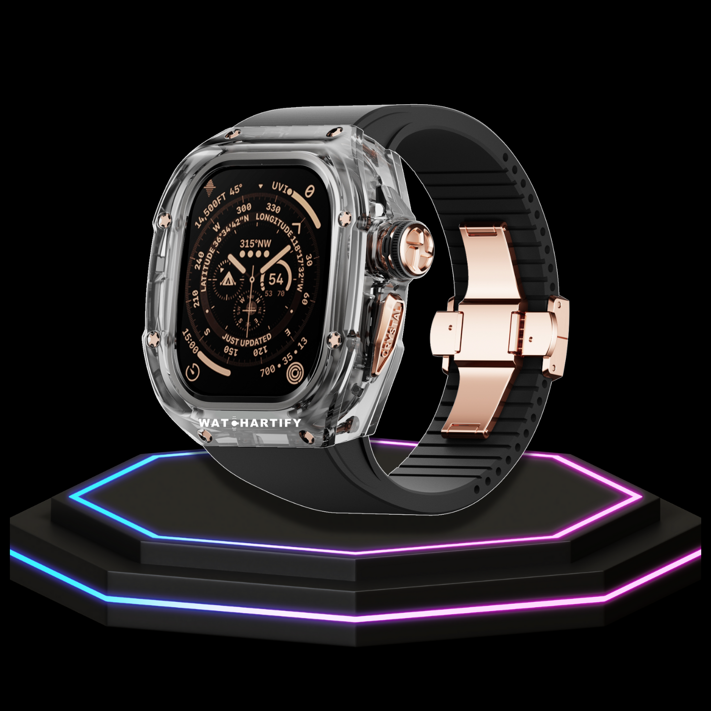 Apple Watch Ultra Case 49MM - CRYSTAL Pro Rose Gold Series Obsidian | Midnight Black Rubber