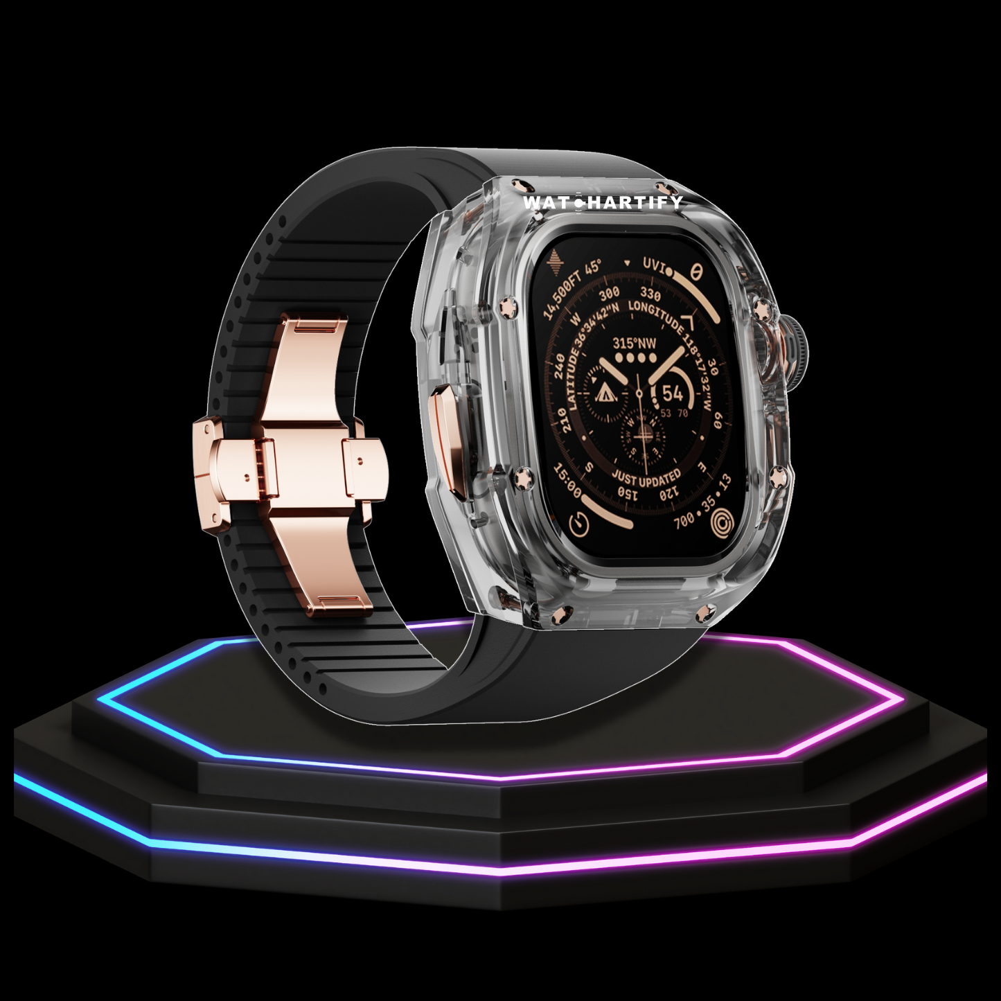 Apple Watch Ultra Case 49MM - CRYSTAL Pro Rose Gold Series Obsidian | Midnight Black Rubber