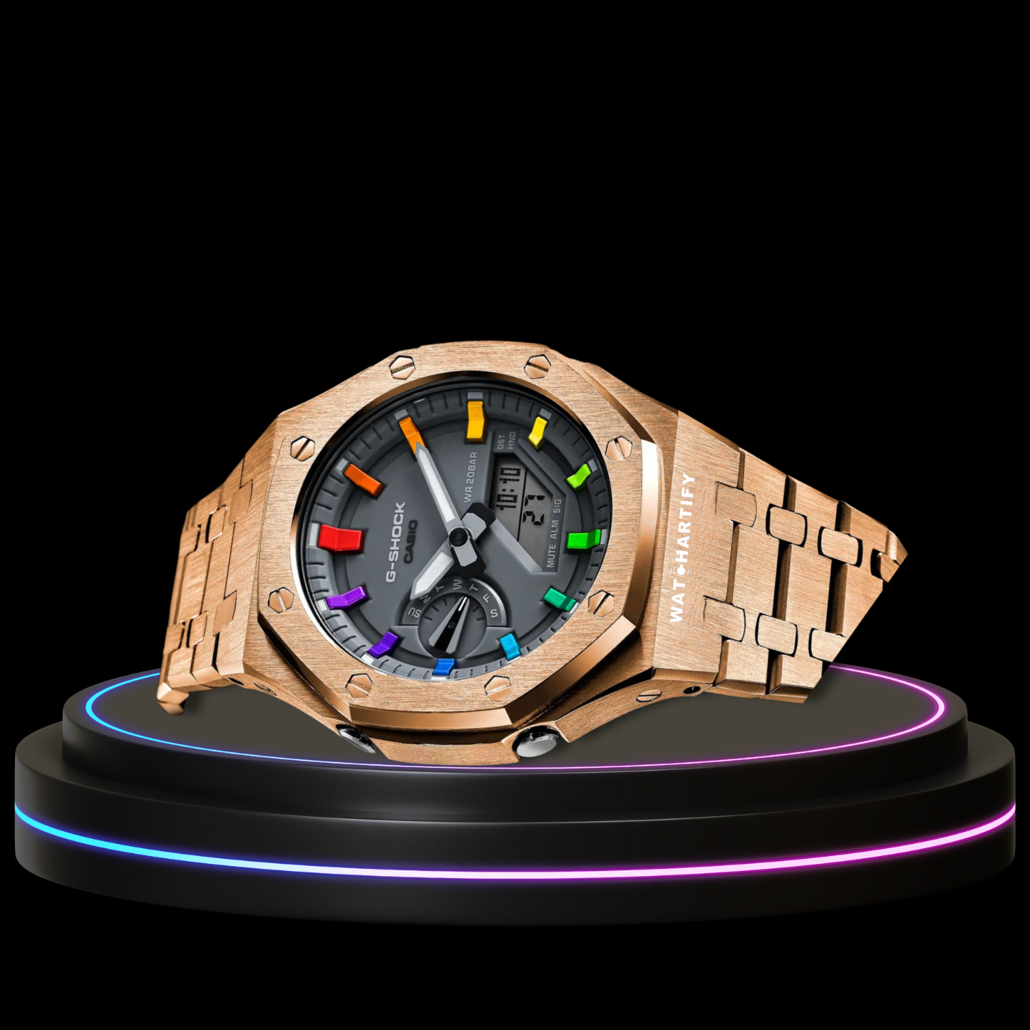 G-SHOCK Casio GA2100 | Rose Gold Series Grey Dial Rainbow Marker | Rose Gold Stainless Steel Strap