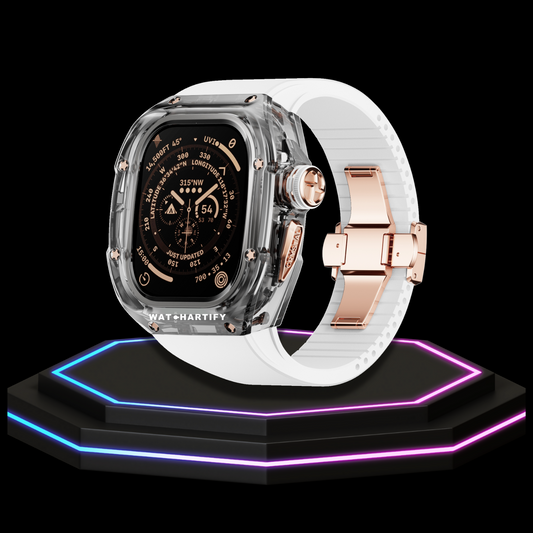 Apple Watch Ultra Case 49MM - CRYSTAL Pro Rose Gold Series Obsidian | Snow White Rubber