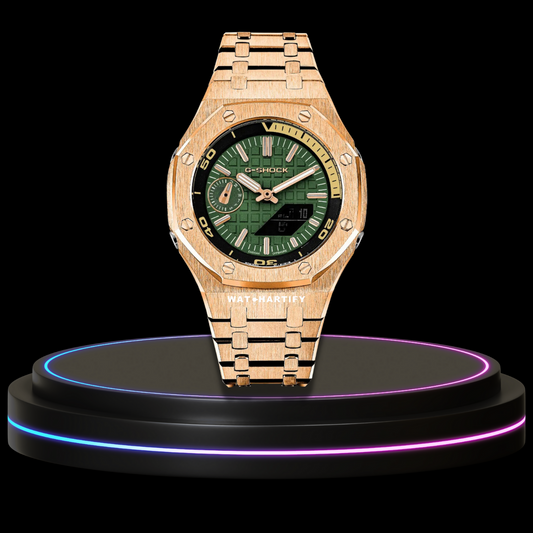 G-SHOCK Casio GA2100 | OFFSHORE Series Rose Gold Mod Green Rose Gold Dial | Rose Gold Stainless Steel Strap