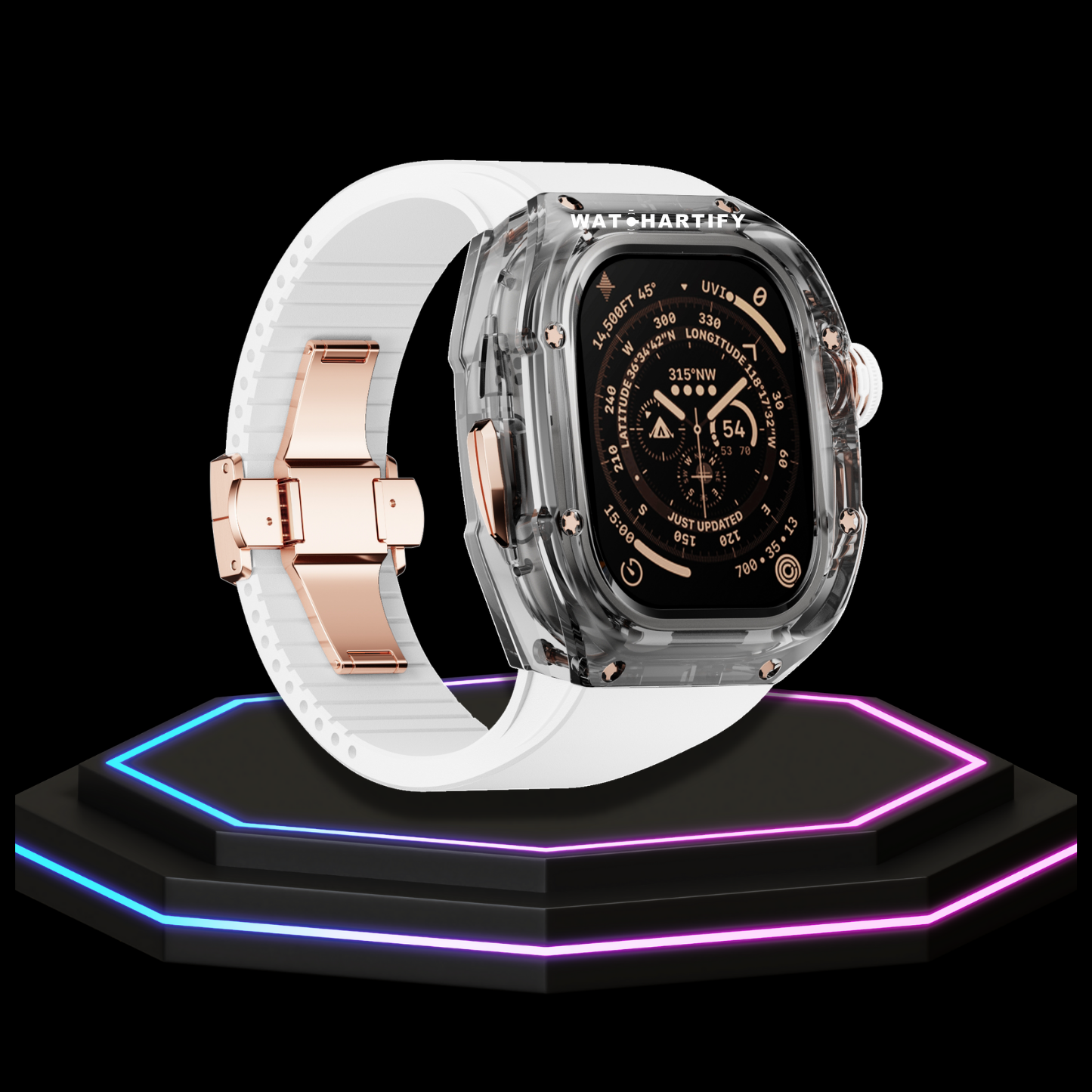 Apple Watch Ultra Case 49MM - CRYSTAL Pro Rose Gold Series Obsidian | Snow White Rubber