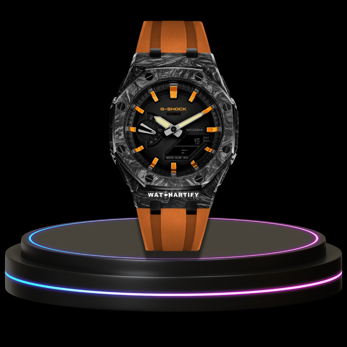 G-SHOCK Casio GA2100 | CARBON FIBER Series Carbon Fiber Mod Midnight Black Dial | Sunset Orange Rubber