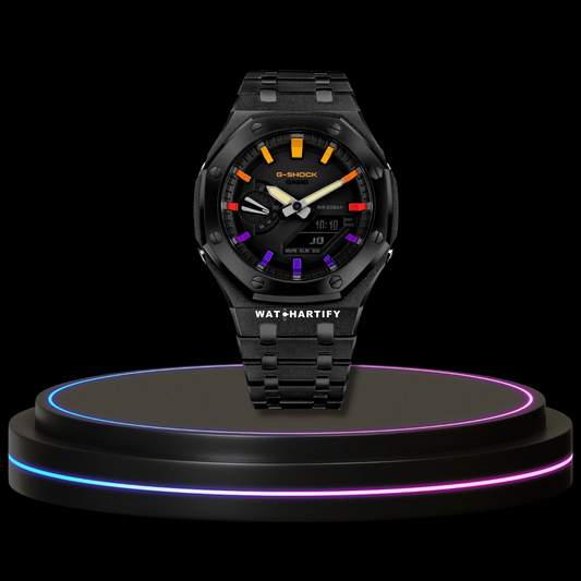 G-SHOCK Casio GA2100 | Black Series Midnight Black Dial Rainbow Marker | Dark Stainless Steel Strap