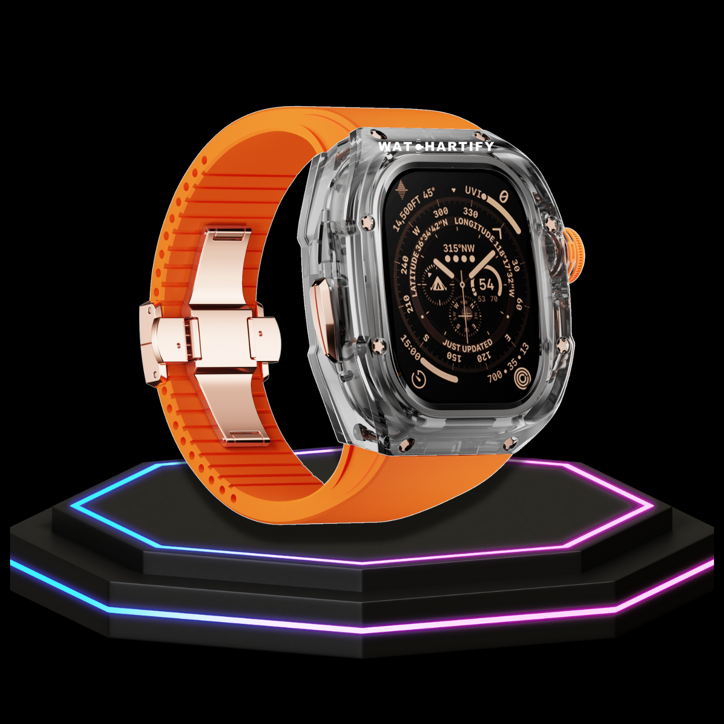 Apple Watch Ultra Case 49MM - CRYSTAL Pro Rose Gold Series Obsidian | Sunset Orange Rubber