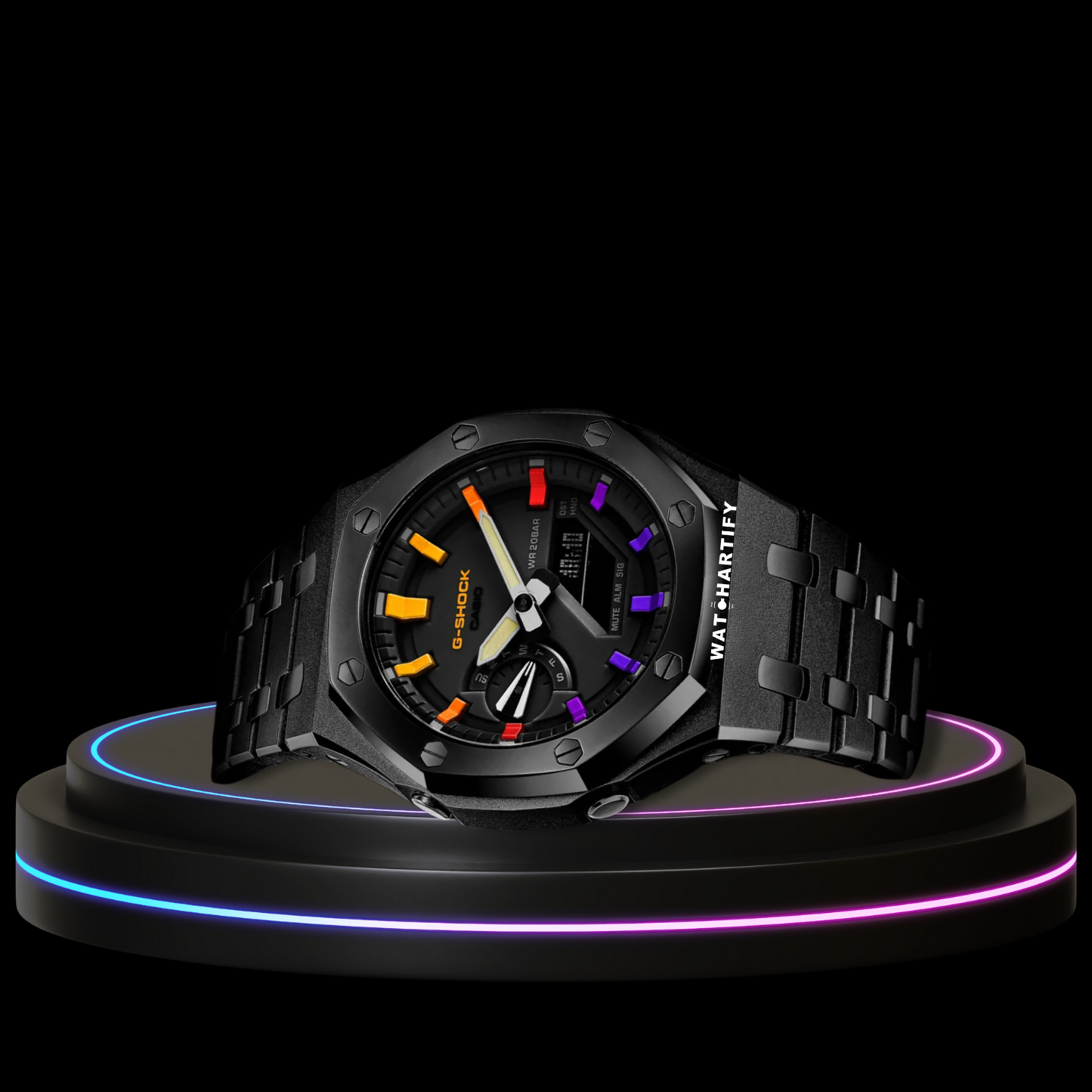 G-SHOCK Casio GA2100 | Black Series Midnight Black Dial Rainbow Marker | Dark Stainless Steel Strap