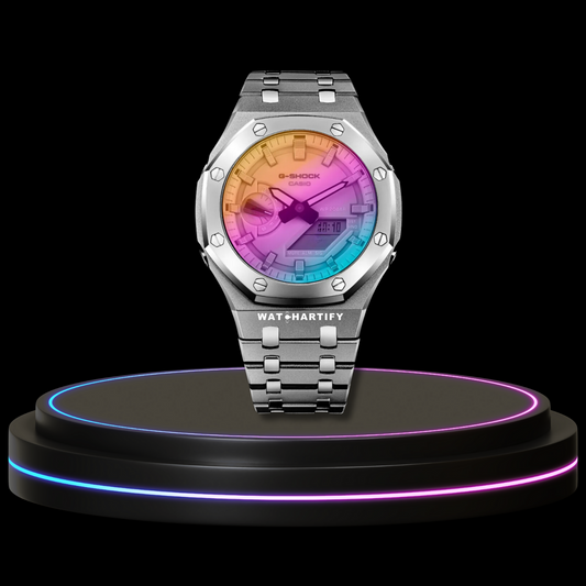 G-SHOCK Casio GA2100 | Silver Series Rainbow Surface Dial | Silver Stainless Steel Strap