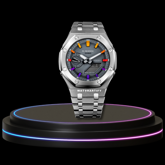 G-SHOCK Casio GA2100 | Silver Series Grey Dial Rainbow Marker | Silver Stainless Steel Strap