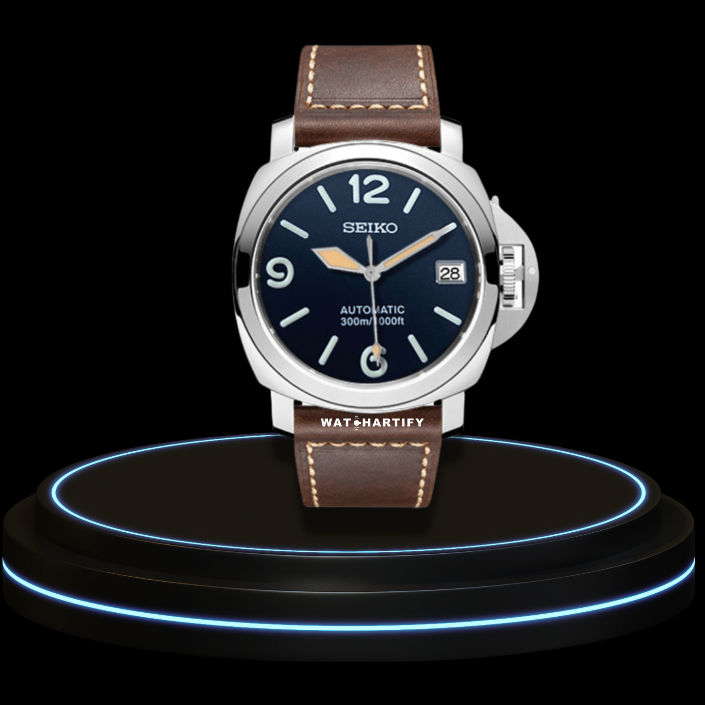 SEIKO Mod Panerai Collection Night Blue Dial Light Brown Markers NH35 Movement Brown Rubber