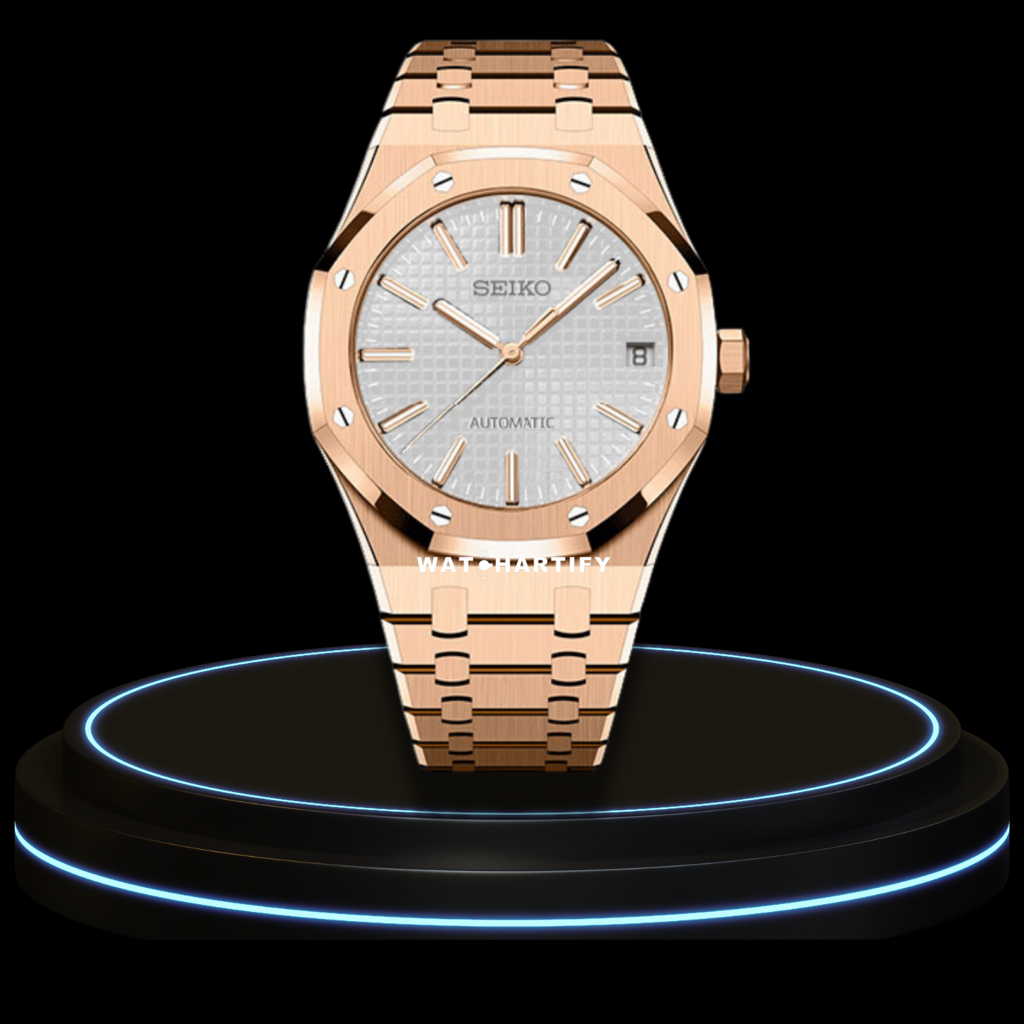 SEIKO Mod Royal Oak Collection Creamy White Dial NH35 Movement Rose Gold Stainless Steel Strap