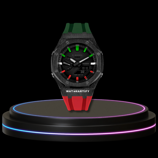 G-SHOCK Casio GA2100 | Black Series Midnight Black Dial Rainbow Marker | Green Red Rubber