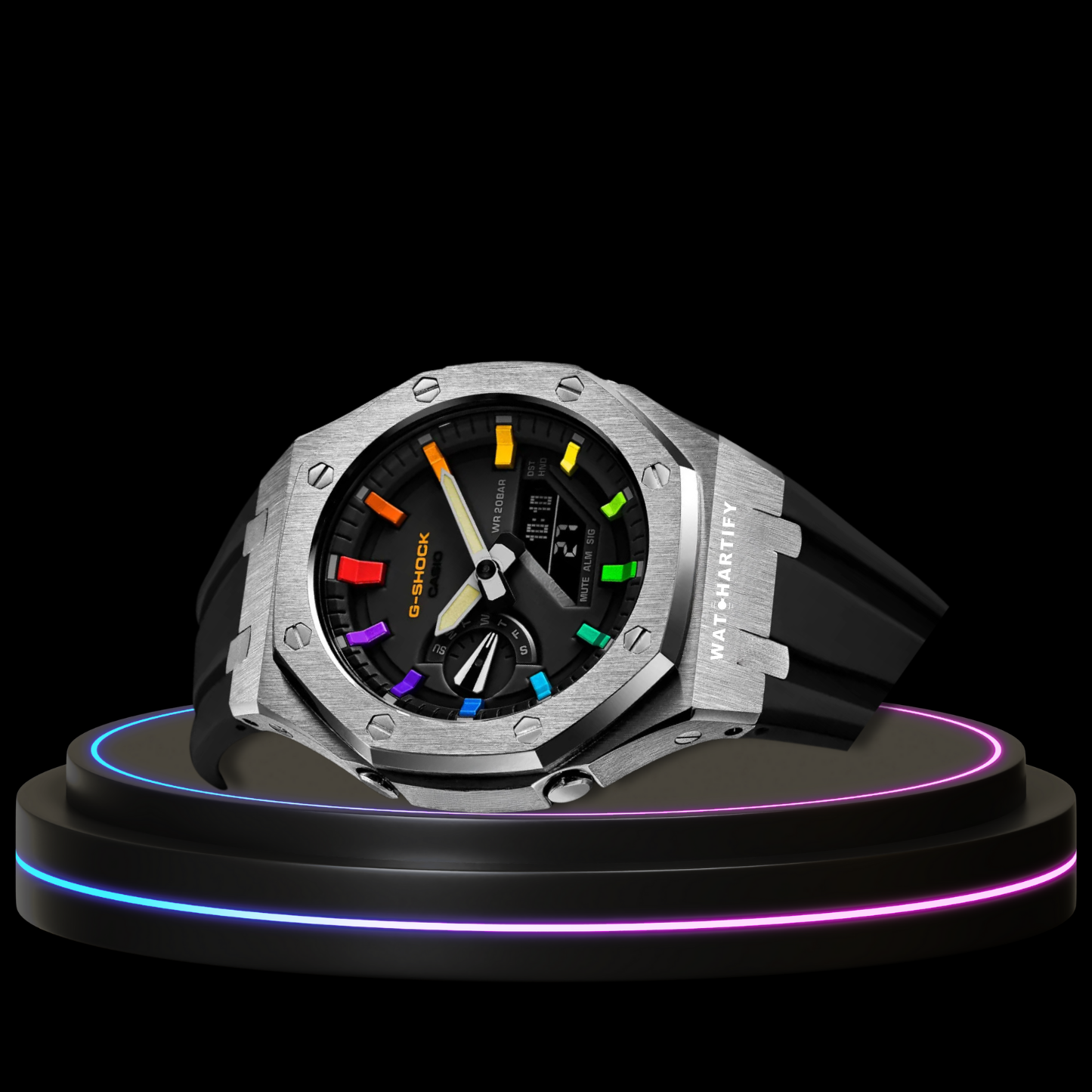 G-SHOCK Casio GA2100 | Silver Series Midnight Black Dial Rainbow Marker | Dark Rubber