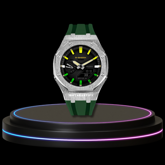 G-SHOCK Casio GA2100 | Silver Series Midnight Black Dial Rainbow Marker | Deep Green Rubber