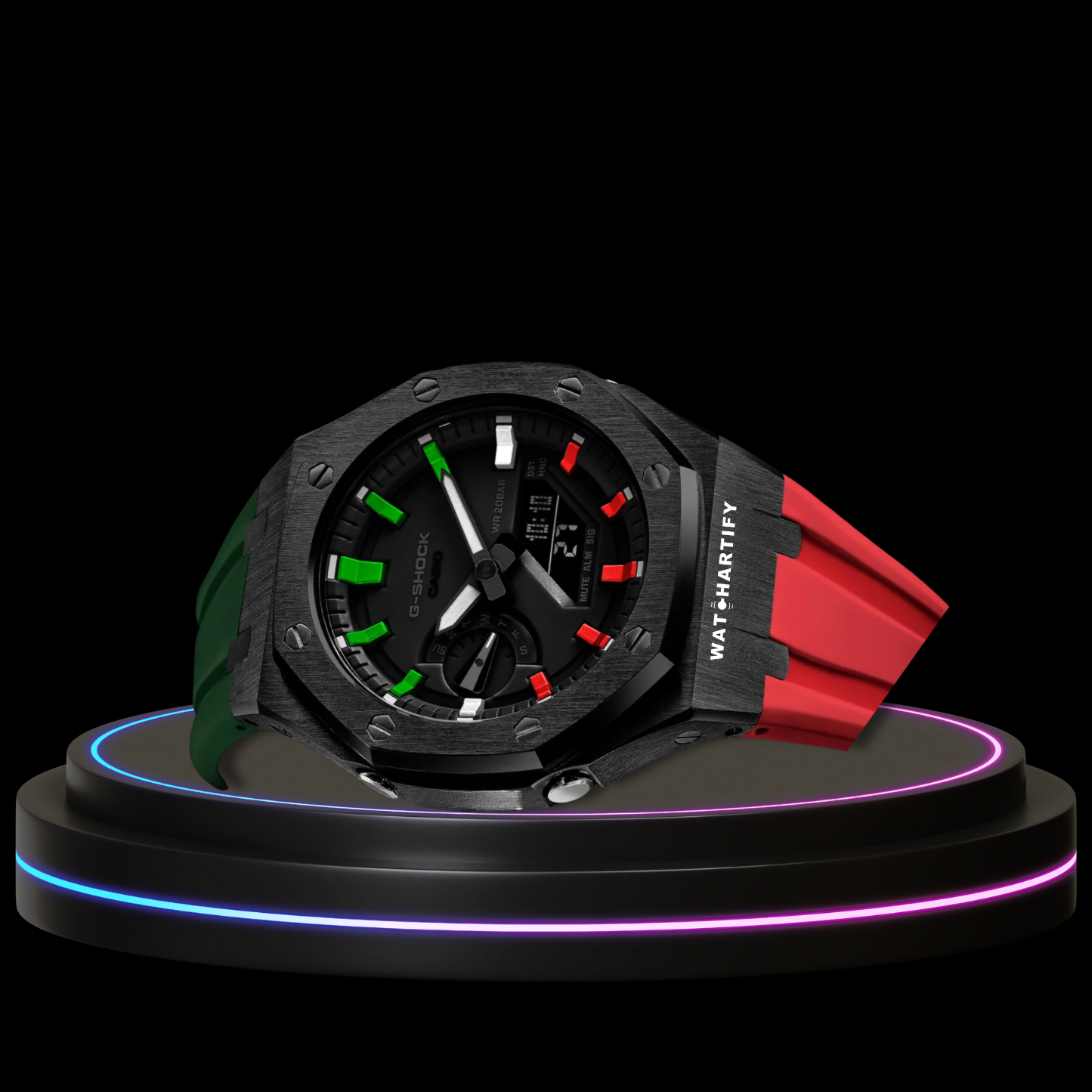 G-SHOCK Casio GA2100 | Black Series Midnight Black Dial Rainbow Marker | Green Red Rubber