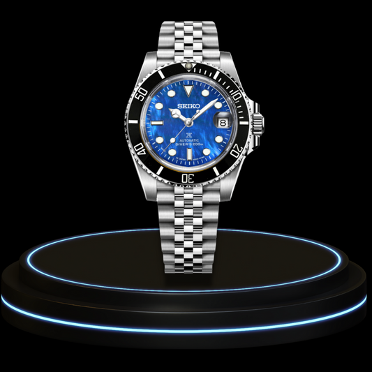 SEIKO Mod Submariner Collection Deep Sea Blue Dial Midnight Black Bezel NH35 Movement Silver Stainless Steel Strap