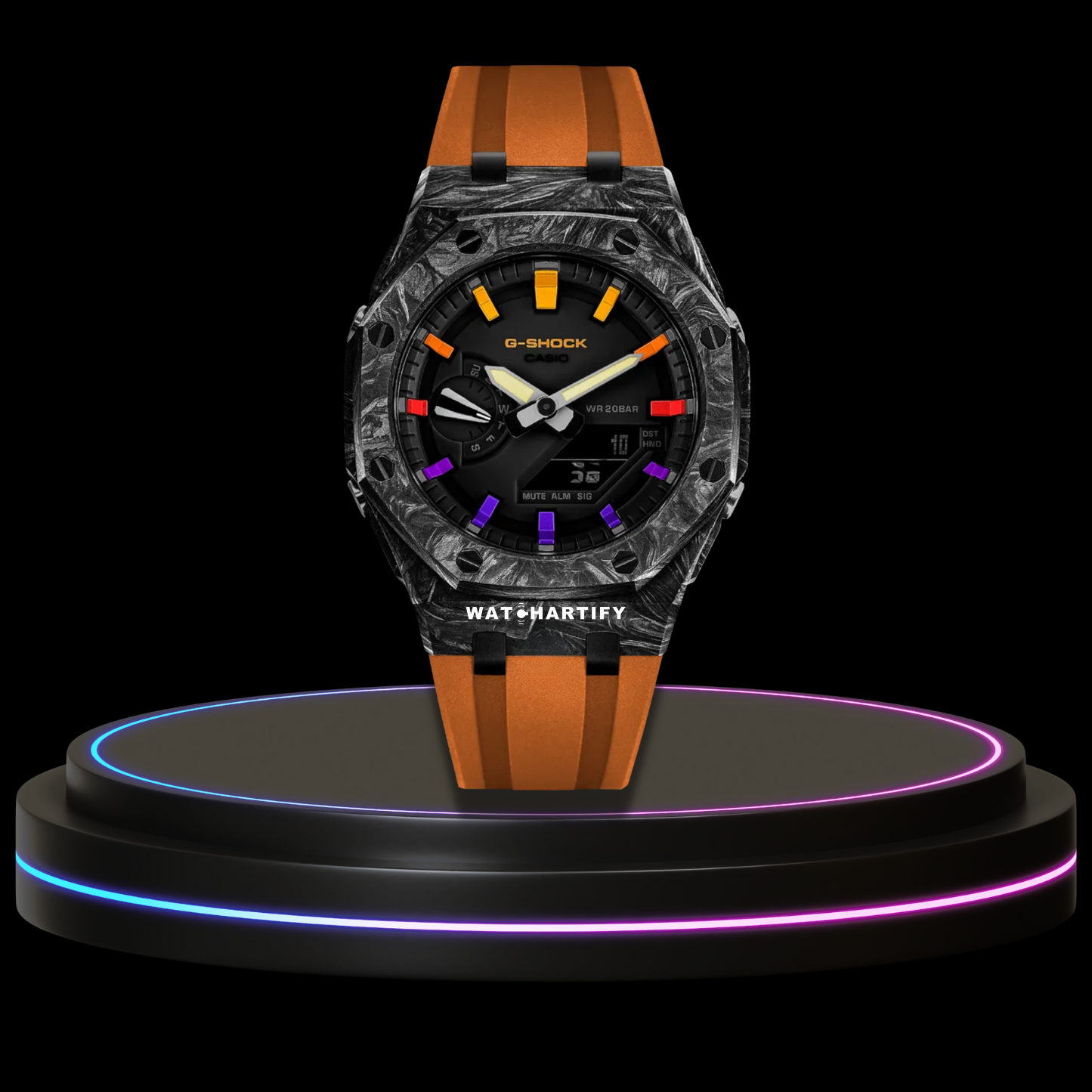 G-SHOCK Casio GA2100 | CARBON FIBER Series Carbon Fiber Rainbow Mod Midnight Black Dial | Sunset Orange Rubber