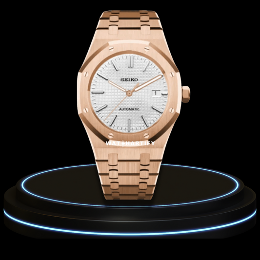 SEIKO Mod Royal Oak Collection Snow White Dial NH35 Movement Rose Gold Stainless Steel Strap
